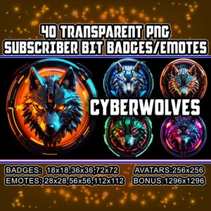 Cyberpunk Wolves Twitch Kick Sub Bit Badges pour streamers, VTuber, amoureux des animaux, 40 PNG transparents, avatars, emote, clipart, logos