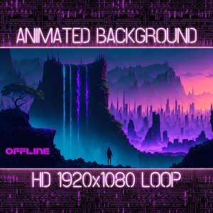 Cyberpunk Landscape Animated Virtual Background Futuristic Cityscape Vtuber Twitch Streaming Moving Wallpaper Loop,Megacity,Waterfall,AI Art