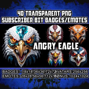 Può includere: Opera d'arte digitale con sei teste di aquila stilizzate con espressioni intense. L'immagine include il testo: "40 PNG trasparenti Badge/Emote per abbonati" e "Angry Eagle". Il testo specifica le dimensioni per badge, emote, avatar e oggetti bonus.
