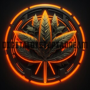 May include: A stylized image of a cannabis leaf in a circular, glowing orange frame. The leaf is dark green and has a textured, realistic appearance. The frame has a black background with a metallic texture.