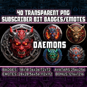 Puede incluir: 40 insignias y emoticonos de bits de suscriptor PNG transparentes con caras de demonios en colores rojo, verde y dorado. Las insignias y los emoticonos están disponibles en varios tamaños, incluyendo 18x18, 36x36, 72x72, 28x28, 56x56, 112x112 y 1216x1216.