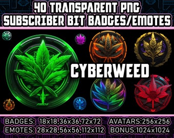 40 wietblaadjes Twitch Kick Sub-badges en bit-badges voor streamers, VTubers - Pot Leaf-logo, clipart, avatar, cyberpunk-neon transparant, transparant png