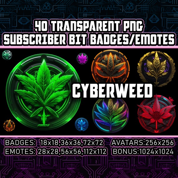 40 Weed Leafs Twitch Kick Sub Badges and Bit Badges for Streamers,VTubers - Pot leaf Logo,Clipart,Avatar, Cyberpunk Neon Transparent PNG