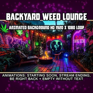 Puede incluir: Fondo animado que presenta una escena de patio trasero con una fogata, sillones y un letrero de neón que dice "STARTING SOON". El fondo es una mezcla vibrante de rosa, morado y verde con una pared de grafiti y vegetación exuberante. La animación es de 1920 x 1080 píxeles y se repite continuamente.