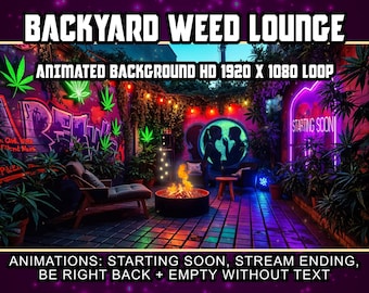 May include: Animated background featuring a backyard scene with a fire pit, lounge chairs, and a neon sign that says "STARTING SOON". The background is a vibrant mix of pink, purple, and green with a graffiti wall and lush greenery. The animation is 1920 x 1080 pixels and loops continuously.
