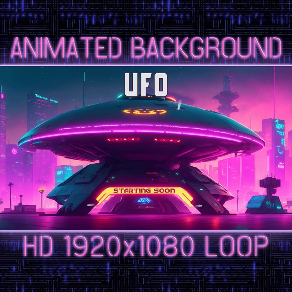 Cyberpunk UFO landing - Virtual Background Vtuber Twitch Streaming Moving Wallpaper Loop,Alien Invasion Spaceship from Outer Space,AI Art