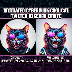 May include: Animated cyberpunk cool cat Twitch Discord emote. The image features a vibrant, stylized cat wearing sunglasses with pink frames and blue lenses. The cat has a fierce expression. The text includes "Animated Cyberpunk Cool Cat Twitch Discord Emote".
