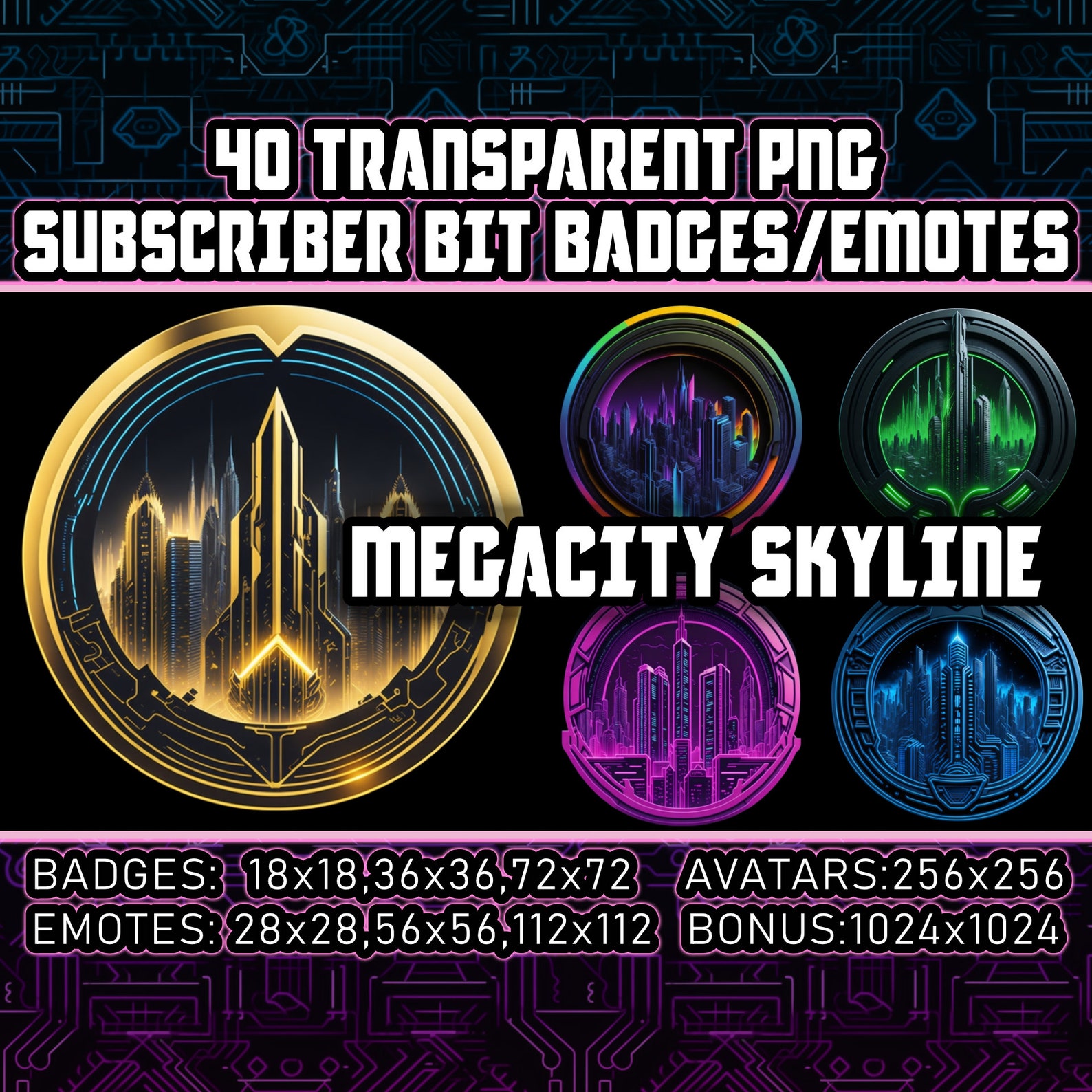 Cyberpunk Megacities Skyline Twitch Sub Badges and Bit Badges for ...