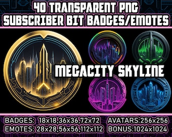 Cyberpunk Megacities Skyline Twitch Sub Badges and Bit Badges for Streamers,VTubers 40 Transparent PNGs,Avatars,Clipart,Emotes,Logos  AI Art