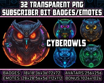 Cyberpunk Owls Twitch Sub and Bit Badges for Streamers,VTubers 32 Transparent PNGs,Avatars,Clipart,Emotes,Logos - AI Art