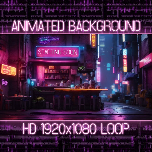 Cyberpunk Corner Cafe Animated Virtual Background Vtuber Twitch Streaming Moving Wallpaper Loop,  HD Coffee Shop in a Dystopian Alley,AI Art