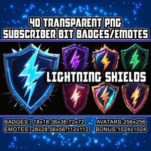 May include: 40 transparent PNG subscriber bit badges and emotes featuring lightning bolt designs inside blue, purple, orange, green, red, and yellow shields. The text "LIGHTNING SHIELDS" is displayed in the centre of the image. The badges are available in various sizes: 18x18, 36x36, 72x72, 28x28, 56x56, 112x112, 256x256, and 1024x1024.