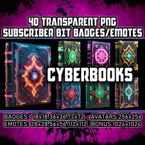 Cyberpunk Books Twitch Kick Sub Bit Badges for Streamers,VTubers,Readers,Book lovers,40 Transparent PNG,Avatars,Emote,Clipart,Logos AI Art