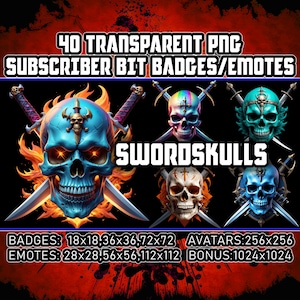 Skull Swords Twitch Kick Sub Bit Badges for Streamers, VTuber ,Crossed Blades | 40 Spooky Transparent PNG,Avatars,Emote,Clipart,Logos