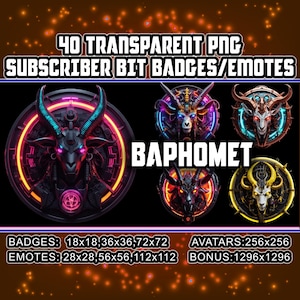 Puede incluir: 40 insignias y emoticonos de bits de suscriptor PNG transparentes que presentan una cabeza de cabra negra y roja con acentos de neón brillantes. El texto "BAPHOMET" está en el centro de la imagen. Las insignias y los emoticonos están disponibles en varios tamaños: 18x18, 36x36, 72x72, 28x28, 56x56, 112x112, 256x256 y 1296x1296.