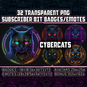 Puede incluir: 32 insignias y emoticonos de bits de suscriptor PNG transparentes con gatos cibernéticos de color neón con ojos brillantes. El texto "CYBERCATS" está en el centro de la imagen. Las insignias y los emoticonos están disponibles en varios tamaños: 18x18, 36x36, 72x72, 28x28, 56x56, 112x112, 256x256 y 1024x1024.
