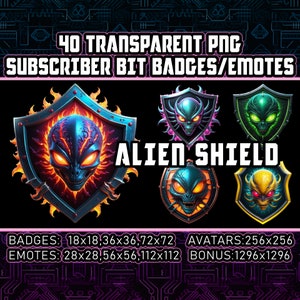 Könnte beinhalten: 40 transparente PNG-Abonnenten-Bit-Badges und -Emojis mit einem Alienkopf in einem Schild mit Flammen. Der Text "Alien Shield" befindet sich in der Mitte des Bildes. Das Bild zeigt auch die verschiedenen Größen der Badges und Emojis: 18x18, 36x36, 72x72, 28x28, 56x56, 112x112, 256x256 und 1296x1296.