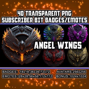 Peut inclure: 40 badges et &eacute;motic&ocirc;nes de bits d'abonn&eacute;s PNG transparents repr&eacute;sentant des ailes d'ange dans diff&eacute;rentes couleurs, notamment le noir, le rouge, l'or, le violet et l'arc-en-ciel. Les badges sont disponibles dans les tailles 18x18, 36x36, 72x72 pixels pour les badges, 28x28, 56x56, 112x112 pixels pour les &eacute;motic&ocirc;nes et 256x256 pixels pour les avatars. Une image bonus de 1024x1024 pixels est &eacute;galement incluse.