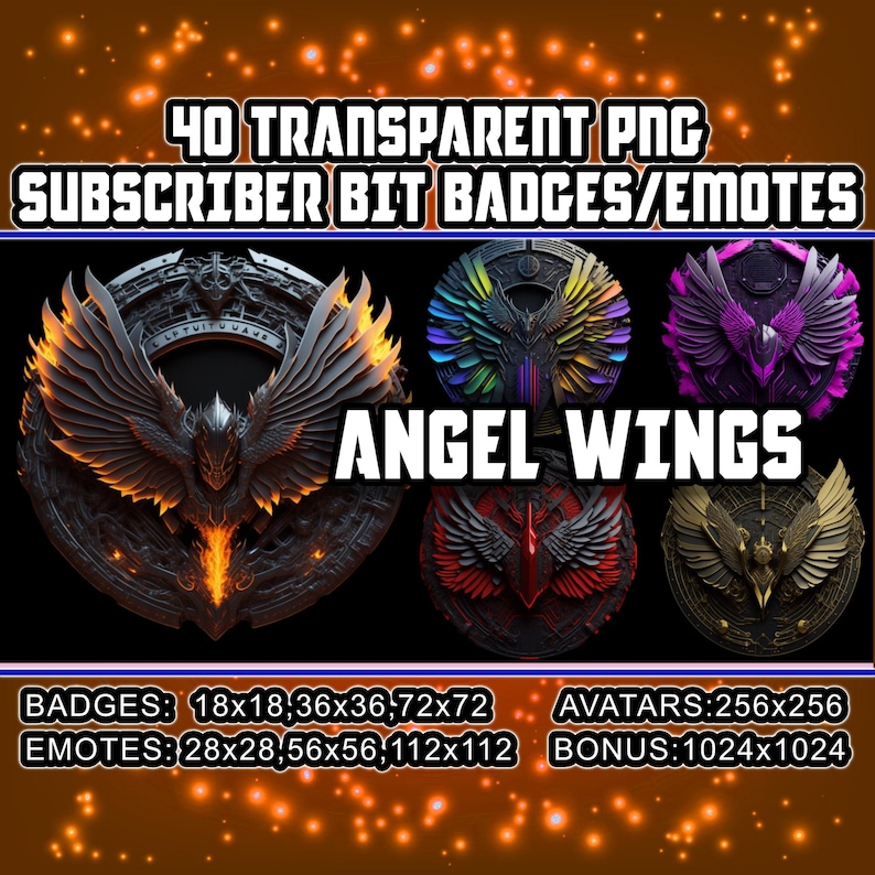 Peut inclure: 40 badges et &eacute;motic&ocirc;nes de bits d'abonn&eacute;s PNG transparents repr&eacute;sentant des ailes d'ange dans diff&eacute;rentes couleurs, notamment le noir, le rouge, l'or, le violet et l'arc-en-ciel. Les badges sont disponibles dans les tailles 18x18, 36x36, 72x72 pixels pour les badges, 28x28, 56x56, 112x112 pixels pour les &eacute;motic&ocirc;nes et 256x256 pixels pour les avatars. Une image bonus de 1024x1024 pixels est &eacute;galement incluse.
