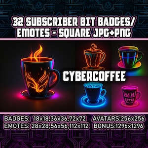 Könnte beinhalten: Ein Set mit 32 digitalen Abzeichen und Emojis, die eine neonleuchtende Kaffeetasse mit verschiedenen Designs zeigen. Der Text "CYBERCOFFEE" wird in der Mitte des Bildes angezeigt. Die Abzeichen und Emojis sind in verschiedenen Größen erhältlich, darunter 18x18, 36x36, 72x72, 28x28, 56x56, 112x112, 256x256 und 1296x1296 Pixel.