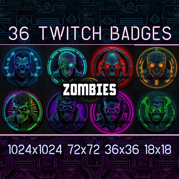 Cyberpunk Zombie Twitch Kick Sub Badges and Bit Badges for Streamers,Dark Background + 36 Transparent Zombie PNG Zombie emote clipart AI-Art