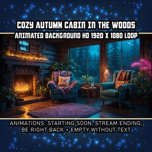 Gemütliche Herbsthütte im Wald, virtueller Hintergrund, Vtuber, Twitch, Streaming, bewegter Hintergrund, Schleife, regnerisches Lagerfeuerhaus im Wald, KI-Kunst