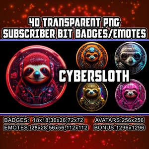 Sloth Twitch/Kick Sub and Bit Badges for Streamers,VTubers,Animal lovers 40 Cyberpunk Transparent PNG,Emotes,Avatars,Logo,Clipart,AI Art