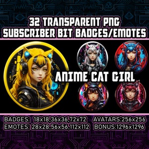 Cyberpunk Anime Cat Girl Twitch Sub Bit Badges for Streamers, VTuber ,Manga lovers, 32 Transparent PNG,Avatars,Emote,Clipart,Logos  AI Art