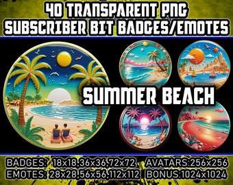 Summer Beach Twitch Kick Sub Bit Badges for Streamers,VTubers,40 Holiday Ocean Palm Trees Transparent PNG,Avatars,Emote,Clipart,Logos