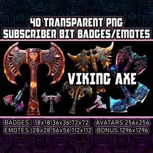 May include: 40 transparent PNG Viking Axe subscriber bit badges and emotes in various sizes. The badges and emotes feature a Viking axe with a red, orange, yellow, blue, and purple color scheme. The text "VIKING AXE" is displayed in the center of the image. The image also includes the text "BADGES: 18x18, 36x36, 72x72 AVATARS: 256x256 EMOTES: 28x28, 56x56, 112x112 BONUS: 1296x1296".