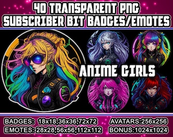 Insignias de suscripción y bit de Twitch Kick de Cyberpunk Anime Girls para streamers, amantes del anime 40 avatares, emoticones, cliparts y logotipos PNG transparentes