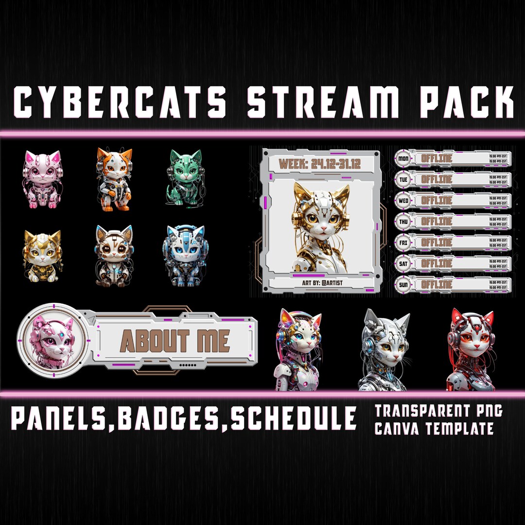 Cybercats Badges,panels,schedule Pack for Streamers, 15 Kittens,15 Cat
