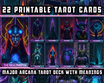 Cyberpunk Major Arcana Tarot Cards - 22 afdrukbare tarotkaarten Unieke tarot deck tarotkaarten met betekenissen Digitale Download - AI Art