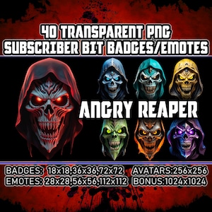 May include: 40 transparent PNG images of a reaper skull with different colored backgrounds. The images are available in various sizes for badges, emotes, and avatars. The text "ANGRY REAPER" is displayed below the images. The text "BADGES: 18x18, 36x36, 72x72 AVATARS: 256x256 EMOTES: 28x28, 56x56, 112x112 BONUS: 1024x1024" is displayed at the bottom of the image.
