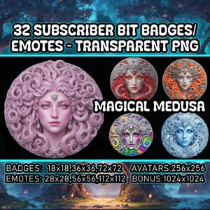 Mystical Medusa Emotes 32 Transparent PNG Twitch Sub Bit Badges for Streamers, VTubers, Snake hair Avatars,Clipart,Badges,Logos,AI Art
