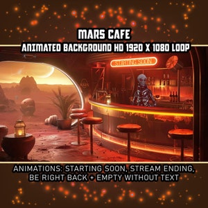 Puede incluir: Una animación digital de un bar futurista con un esquema de color rojo y naranja. El bar se llama "Mars Cafe" y tiene un letrero que dice "Próximamente". El bar está vacío, excepto por un barman extraterrestre. La animación es de 1920 x 1080 píxeles y está en bucle.