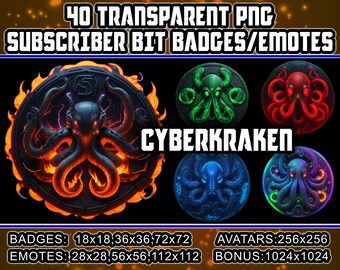 May include: A set of 40 transparent PNG subscriber bit badges and emotes featuring a black octopus with red eyes on a fiery orange background. The text "CYBERKRAKEN" is displayed in white letters. The badges and emotes are available in various sizes, including 18x18, 36x36, 72x72, 28x28, 56x56, 112x112, 256x256, and 1024x1024 pixels.