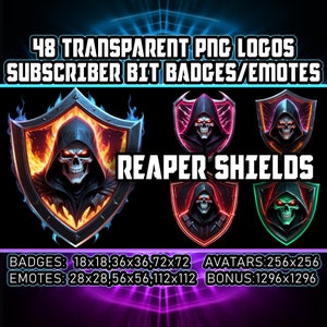 May include: 48 transparent PNG logos of a reaper in a hooded cloak with a skull face, inside a shield with flames. The logos are available in different sizes for badges, emotes, and avatars. The text "REAPER SHIELDS" is displayed in large letters.
