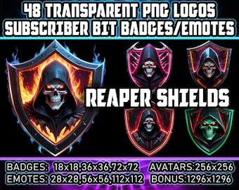 Cyberpunk Grim Reaper Shields Twitch Sub/Bit Badges voor Streamers, VTubers, 48 Transparante PNG, Avatars, Emotes, Clipart, Emblemen, Logo's, AI-Art