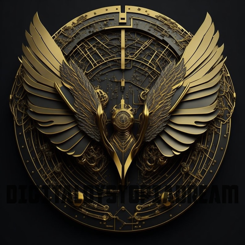 Peut inclure: Un design circulaire noir et or avec une paire d'ailes. Les ailes sont en m&eacute;tal dor&eacute; et noir et pr&eacute;sentent un design d&eacute;taill&eacute; et complexe. Le centre du design pr&eacute;sente un motif circulaire noir et or.