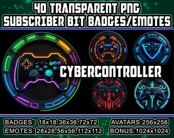 Cyberpunk Game Pads Twitch Sub Badges and Bit Badges for Streamers,VTubers 40 Transparent PNGs,Avatars,Clipart,Emotes,Logos