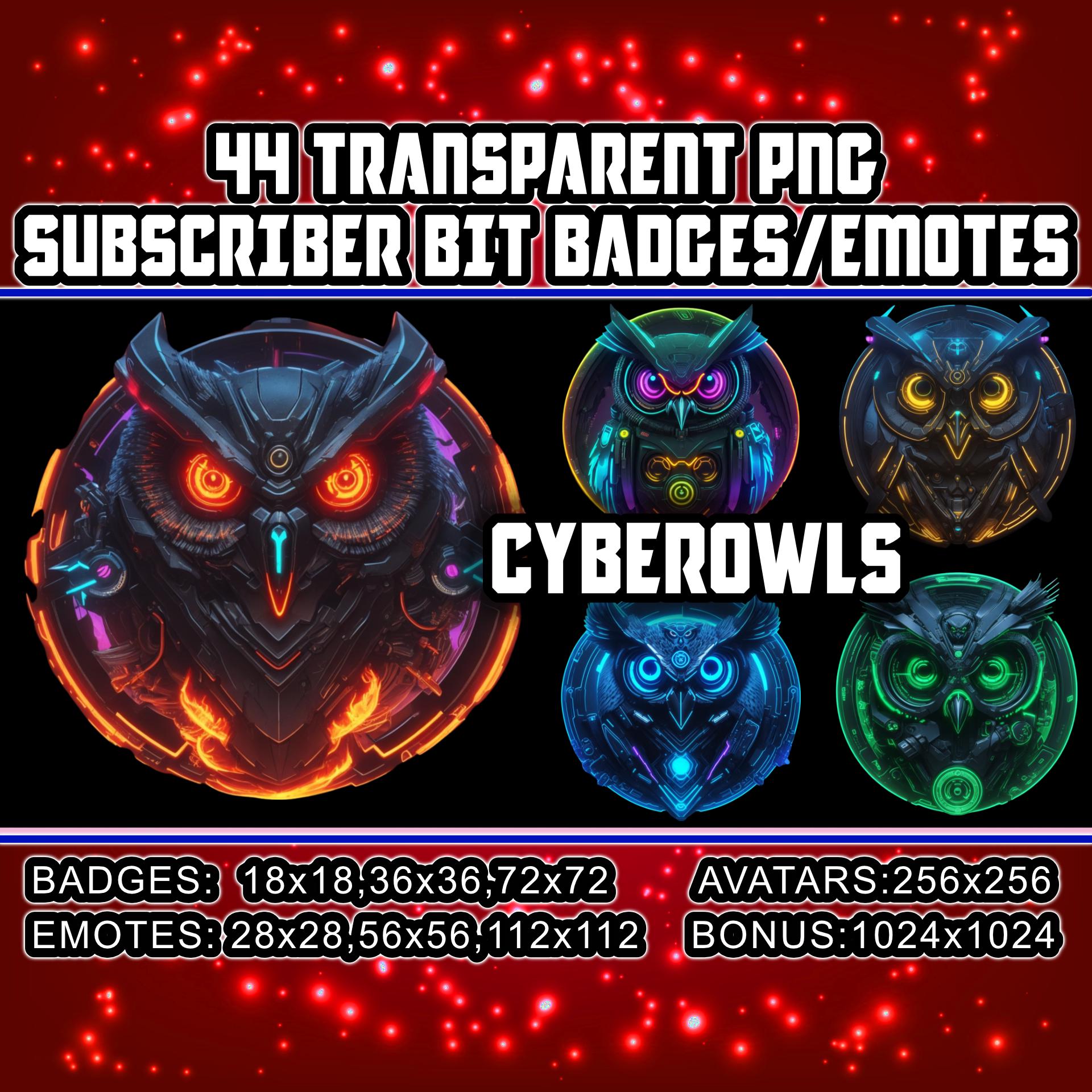 Cyberpunk Owls Twitch Kick Sub and Bit Badges for Streamers,VTubers,Bird Lovers 44 Transparent PNGs,