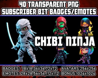 Cyberpunk Chibi Ninja Twitch Kick Sub Insignias e insignias de bits para streamers, 40 gestos PNG transparentes japoneses, avatares, imágenes prediseñadas, logotipos, arte AI