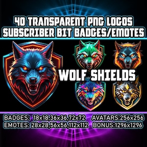 May include: A set of 40 transparent PNG logos featuring wolf heads inside shields with neon outlines. The logos are available in various color combinations, including blue, red, green, and purple. The text "WOLF SHIELDS" is displayed in large, bold letters. The logos are designed for use as subscriber bit badges, emotes, and avatars. The sizes of the logos are listed below: Badges: 18x18, 36x36, 72x72. Emotes: 28x28, 56x56, 112x112. Avatars: 256x256. Bonus: 1296x1296.