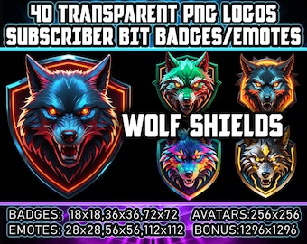 May include: A set of 40 transparent PNG logos featuring wolf heads inside shields with neon outlines. The logos are available in various color combinations, including blue, red, green, and purple. The text "WOLF SHIELDS" is displayed in large, bold letters. The logos are designed for use as subscriber bit badges, emotes, and avatars. The sizes of the logos are listed below: Badges: 18x18, 36x36, 72x72. Emotes: 28x28, 56x56, 112x112. Avatars: 256x256. Bonus: 1296x1296.