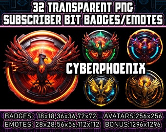 Phoenix Cyberpunk Twitch Sub Bit Badges for Streamers, VTuber ,32 Transparent PNG,Avatars,Emote,Clipart,Logos from the ashes Birds AI Art