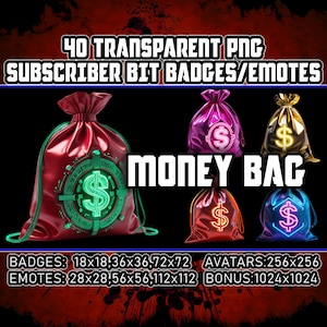 Borsa per soldi al neon Twitch Kick Sub Bit Badge per streamer, VTuber, 40 sacchi di banconote PNG trasparenti, avatar, emote, clipart, loghi, arte AI