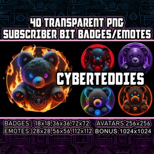Cyberpunk Teddy Bears Twitch Kick Sub and Bit Badges for Streamers, VTuber,Bear lovers,40 Transparent PNG,Avatars,Emote,Clipart,Logo,AI Art