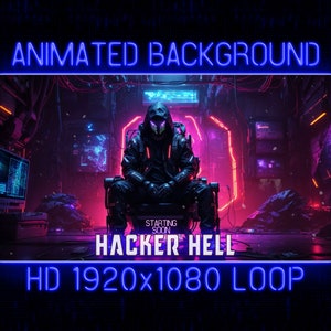 May include: A digital art image of a hooded figure sitting in a chair in a neon-lit room. The text "HACKER HELL" is in the foreground, with the words "STARTING SOON" above it. The text "HD 1920x1080 LOOP" is at the bottom of the image.