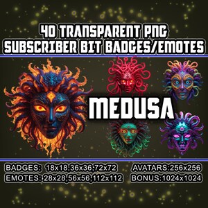 May include: 40 transparent PNG subscriber bit badges and emotes featuring a Medusa-like creature with a colorful, detailed face and snakes for hair. The text "MEDUSA" is in the center of the image. The image also includes the text "BADGES: 18x18, 36x36, 72x72", "EMOTES: 28x28, 56x56, 112x112", "AVATARS: 256x256", and "BONUS: 1024x1024".